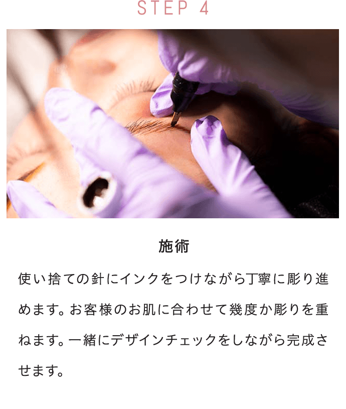 STEP 4施術 使い捨ての針にインクをつけながら丁寧に彫り進めます。お客様のお肌に合わせて幾度か彫りを重ねます。一緒にデザインチェックをしながら完成させます。