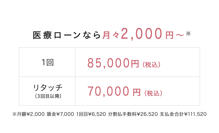 医療ローンなら月々2,000円〜※ 1回75,000円（税込）/リタッチ （３回目以降）55,000円（税込） ※月額¥2,000　1回目¥2,637　分割払手数料¥9,637　支払金合計¥84,637
